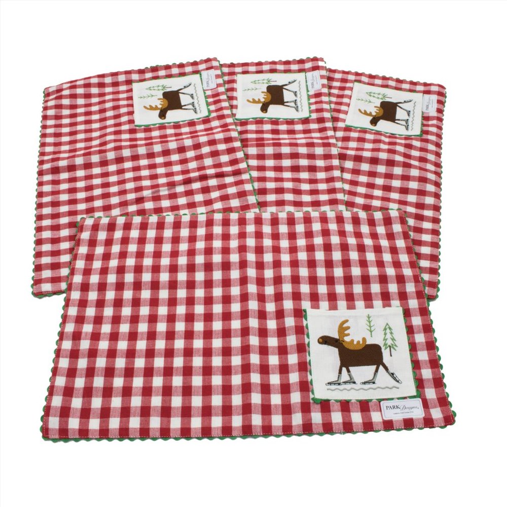 Red Checkered Moose on Skates with Pocket Place Mats placemats Set of 4
